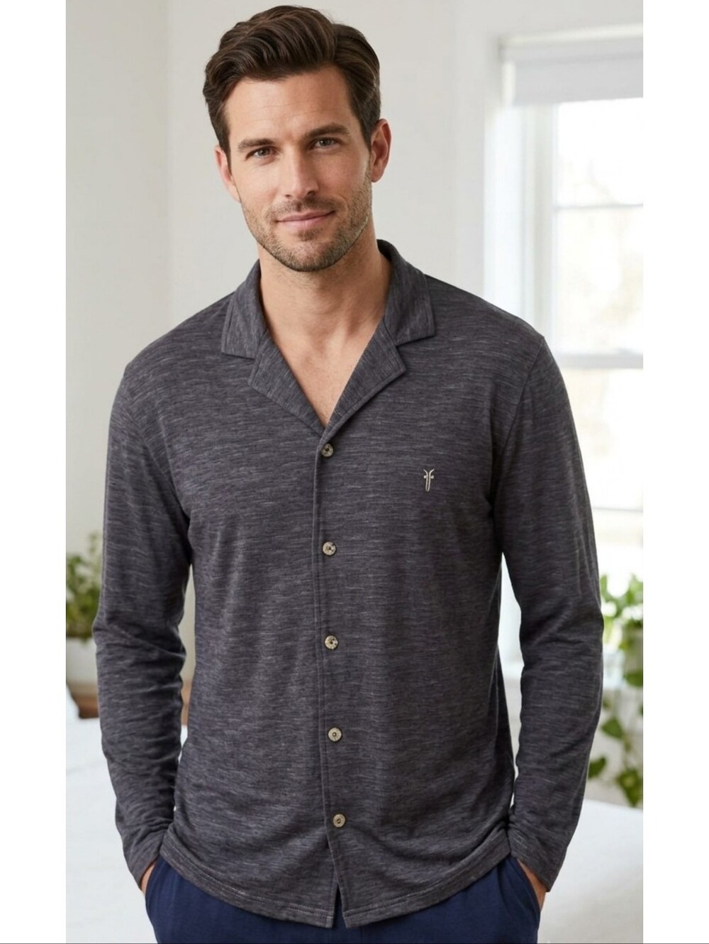 Frye Heathered Notched Collar Premium Pajama Top Gray Size M